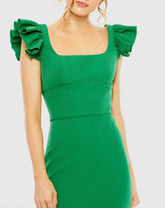Green Ruffle Cap Sleeve Open Back Column Gown